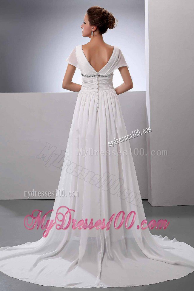 Beading Empire V-Neck Court Train Wedding Dress with Short Sleeves