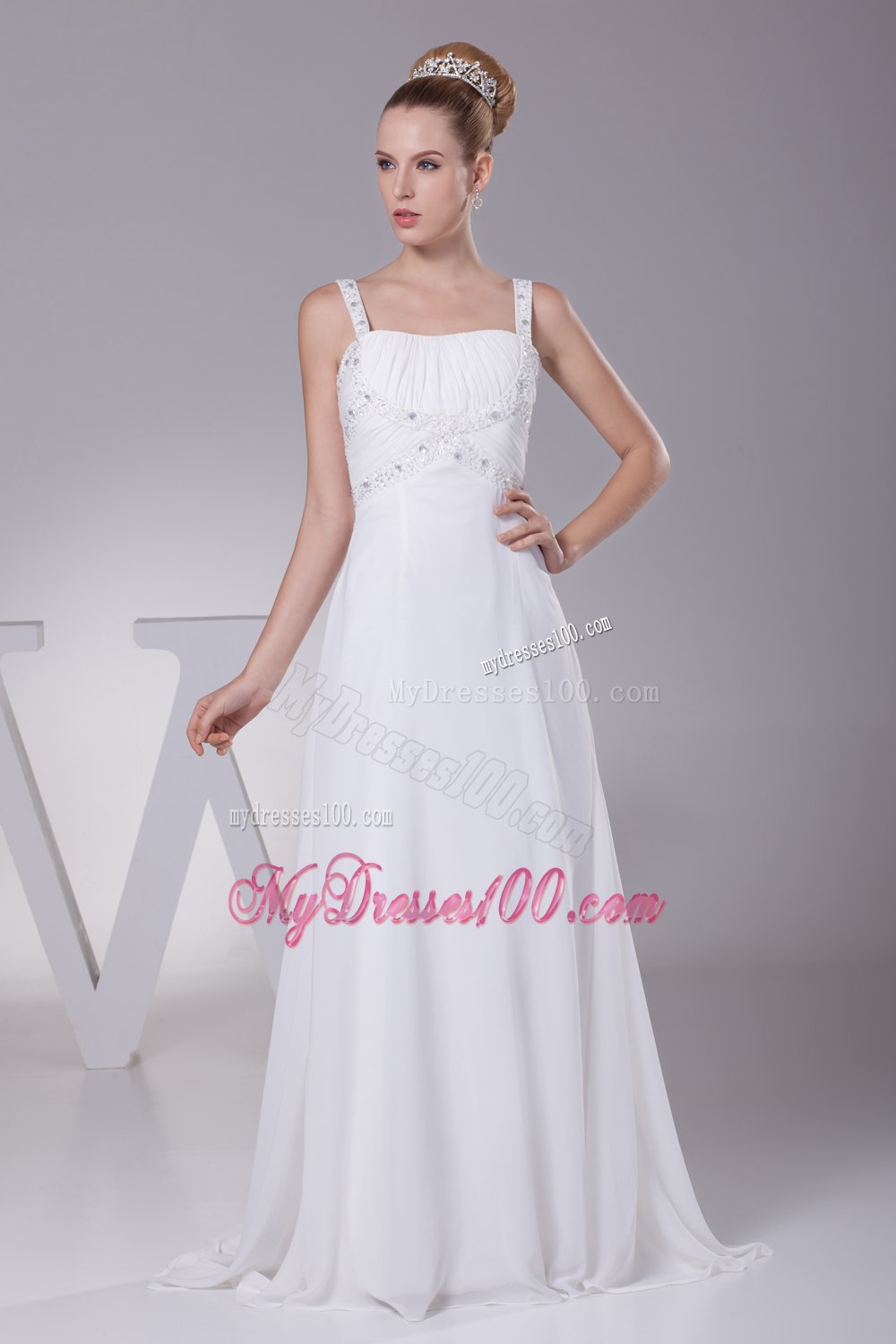 Beading and Ruching Straps Empire Long Wedding Dress