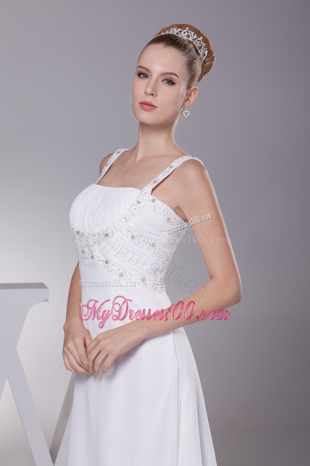 Beading and Ruching Straps Empire Long Wedding Dress