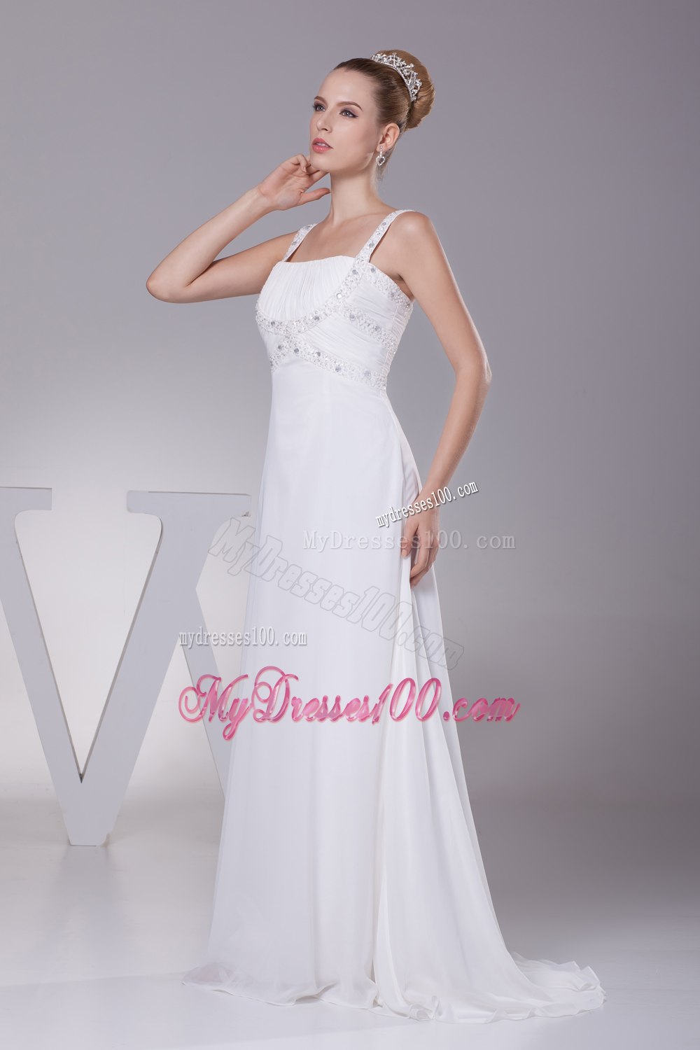 Beading and Ruching Straps Empire Long Wedding Dress
