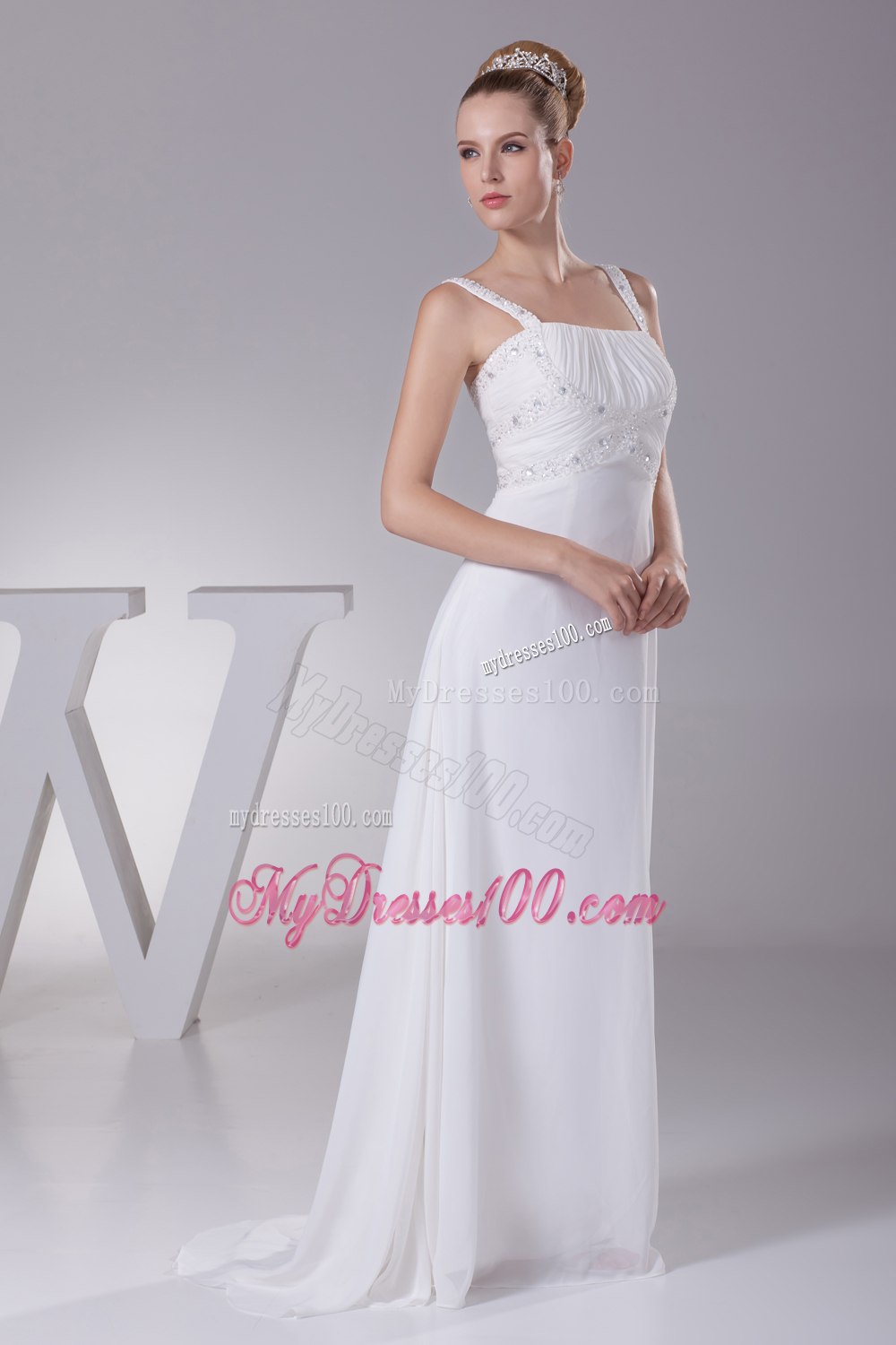 Beading and Ruching Straps Empire Long Wedding Dress