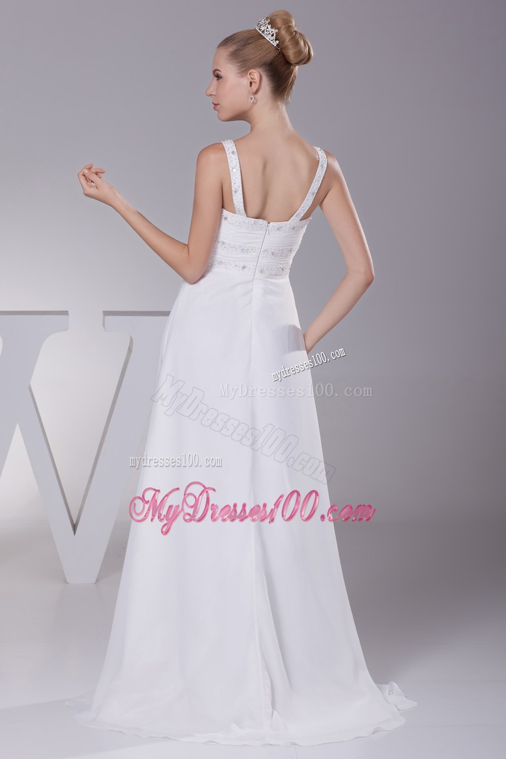 Beading and Ruching Straps Empire Long Wedding Dress