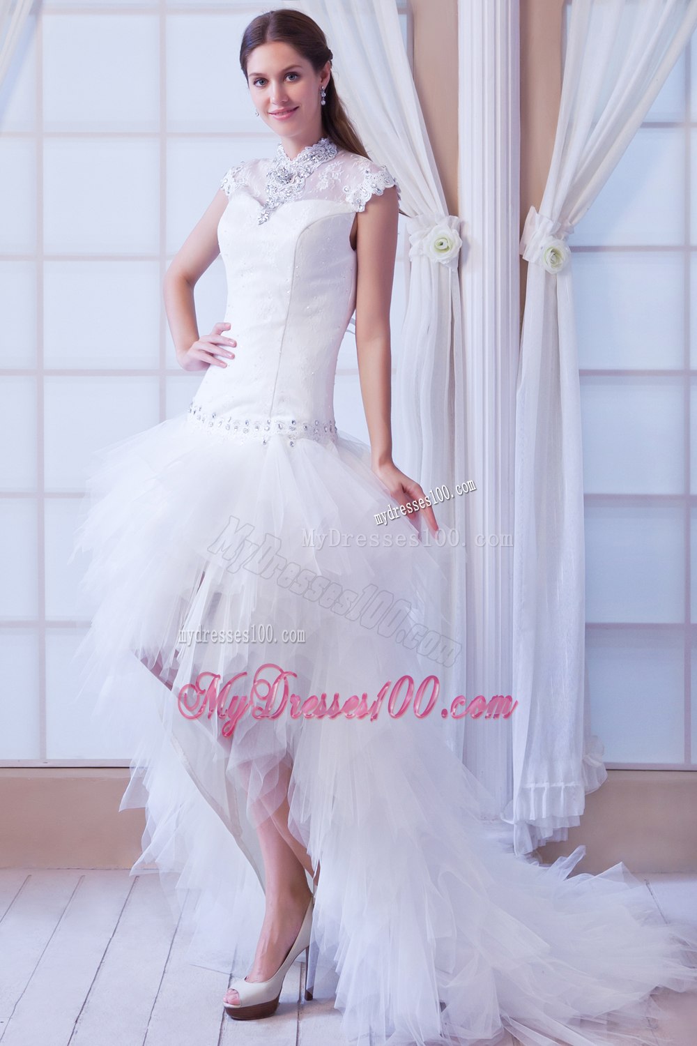 Beautiful High-neck High-Low Beading Beach Wedding Dresses