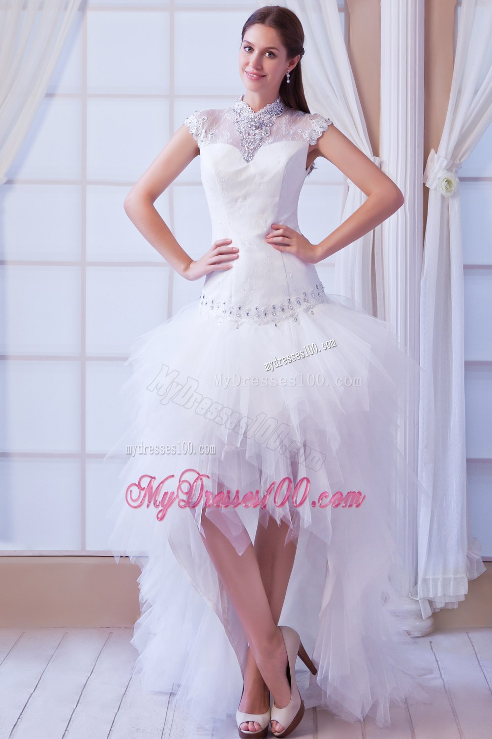 Beautiful High-neck High-Low Beading Beach Wedding Dresses