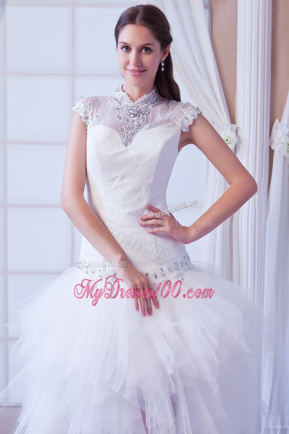 Beautiful High-neck High-Low Beading Beach Wedding Dresses