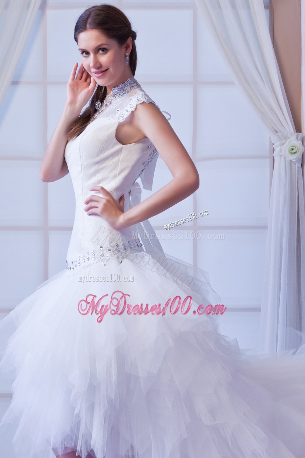 Beautiful High-neck High-Low Beading Beach Wedding Dresses
