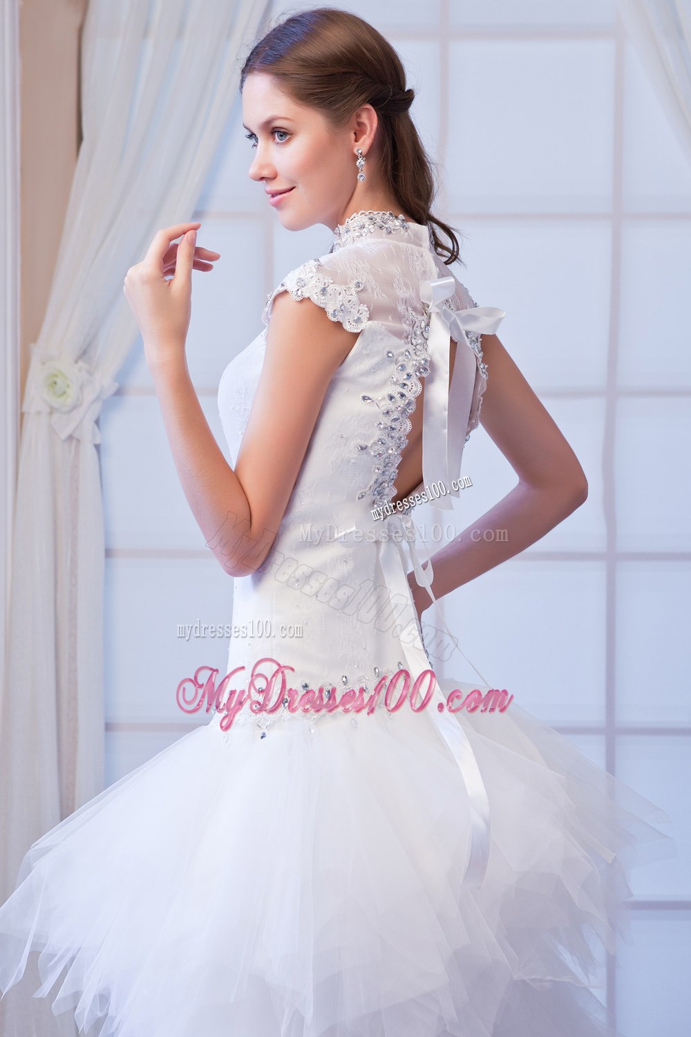 Beautiful High-neck High-Low Beading Beach Wedding Dresses
