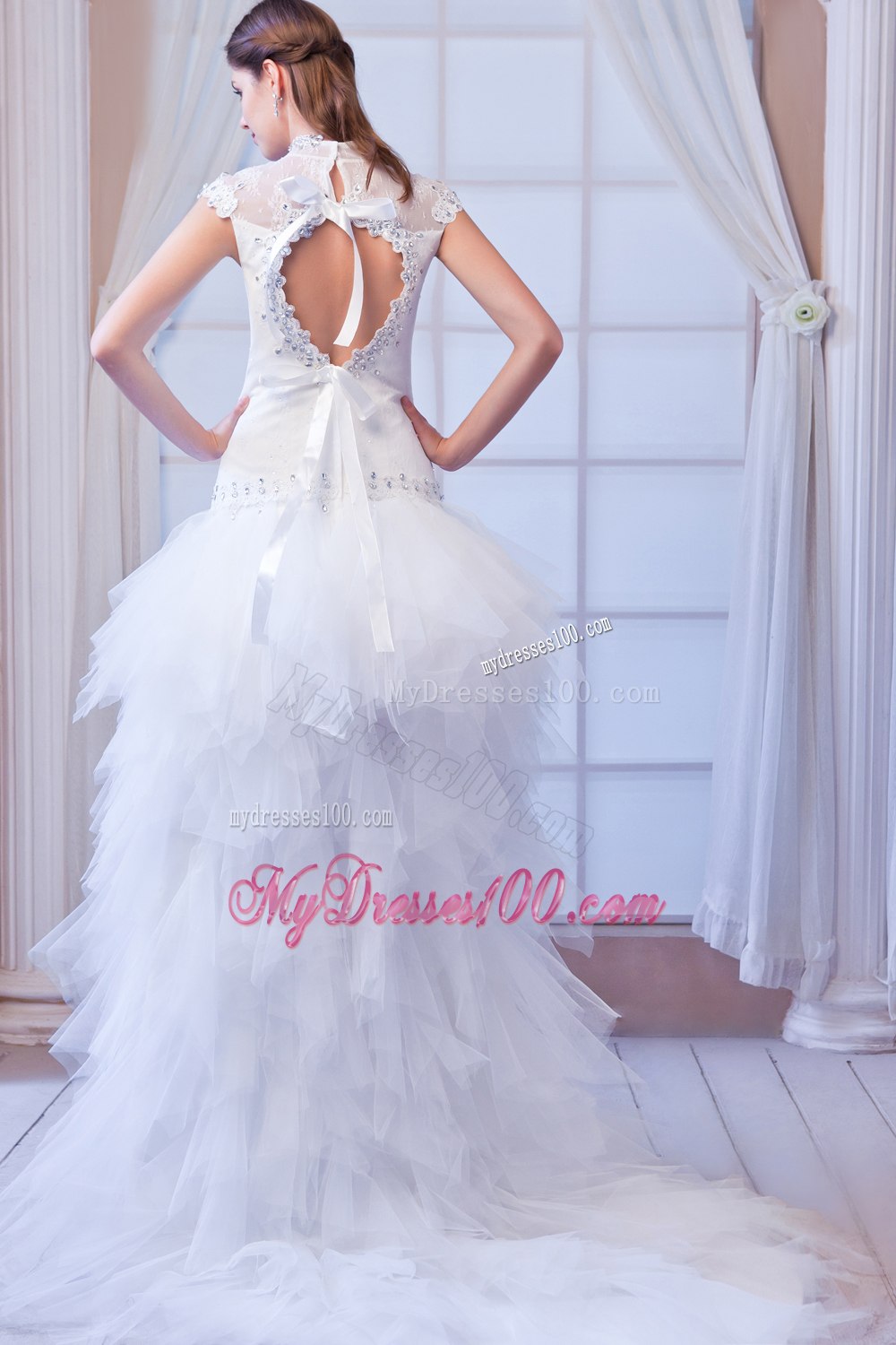 Beautiful High-neck High-Low Beading Beach Wedding Dresses