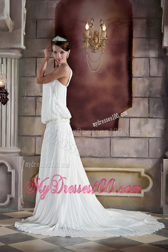 Beautiful Column One Shoulder Court Train Pleat Beading Wedding Dress