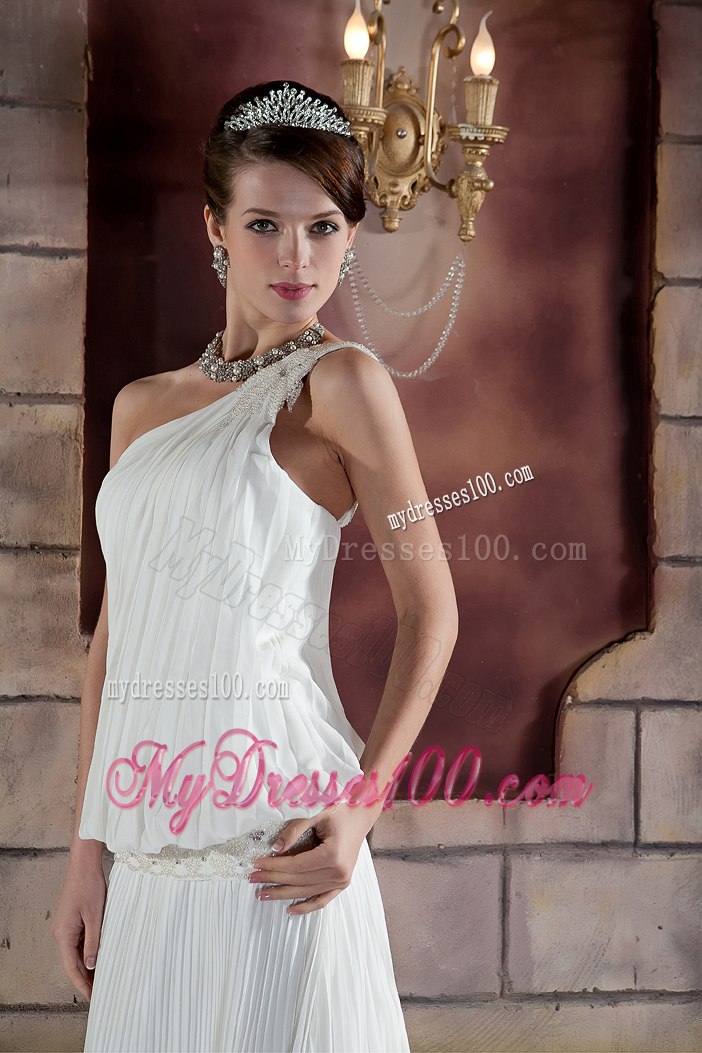 Beautiful Column One Shoulder Court Train Pleat Beading Wedding Dress