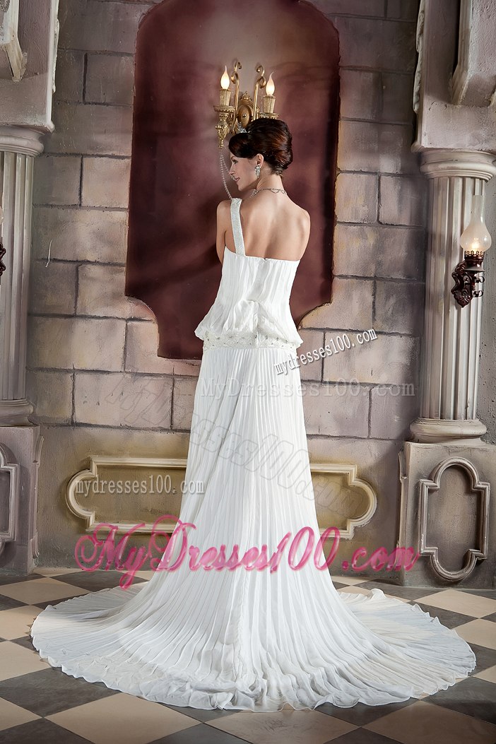 Beautiful Column One Shoulder Court Train Pleat Beading Wedding Dress