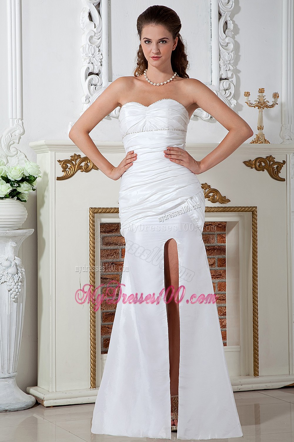 Beautiful High Slit Column Sweetheart Floor-length Ruching Wedding Dress