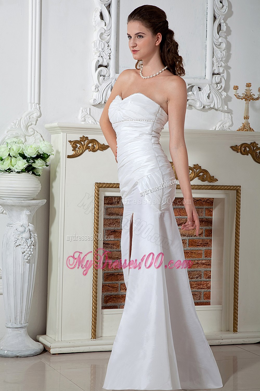 Beautiful High Slit Column Sweetheart Floor-length Ruching Wedding Dress