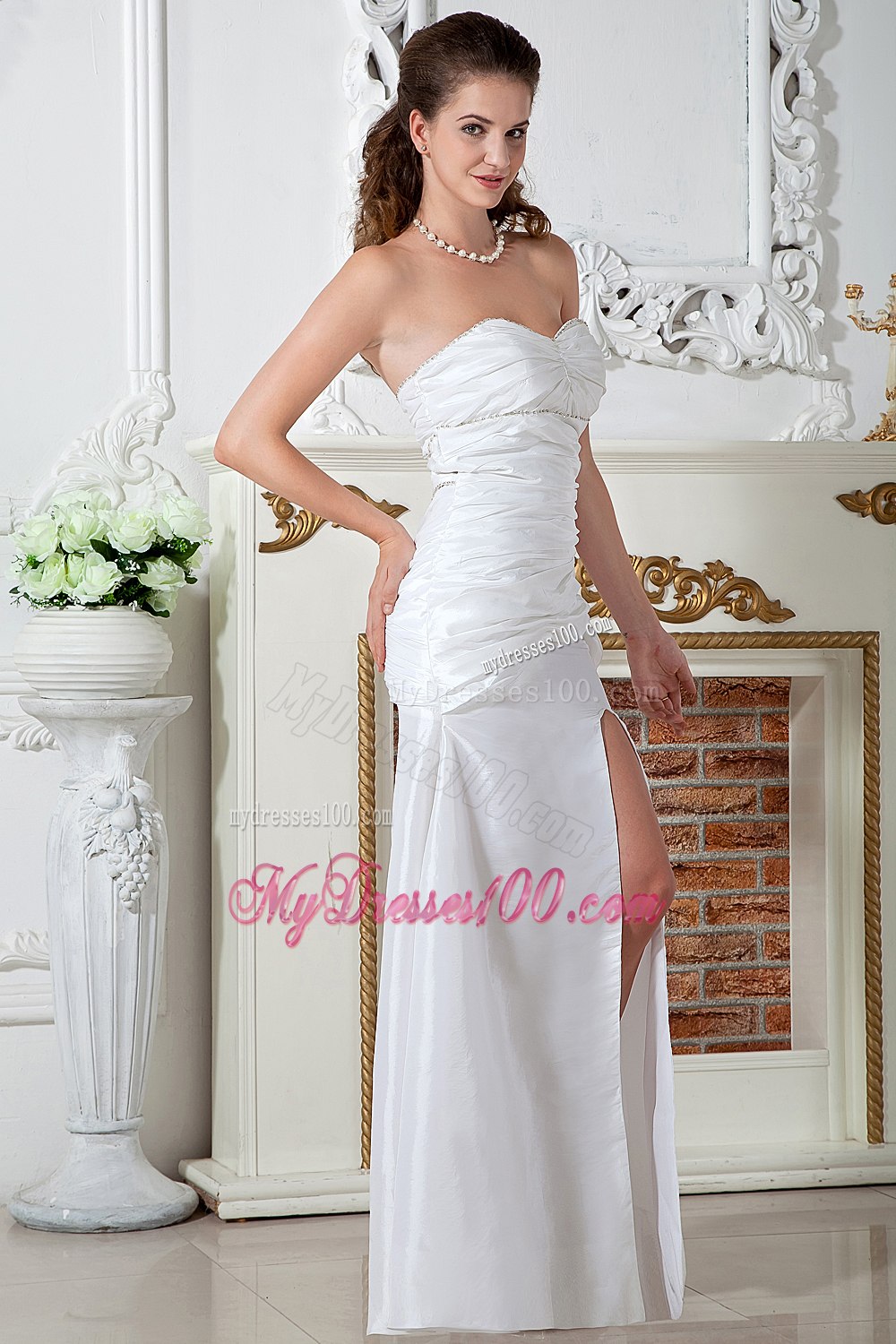 Beautiful High Slit Column Sweetheart Floor-length Ruching Wedding Dress