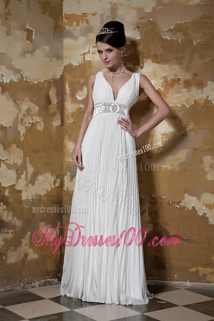 Beautiful Column V-neck Brush Train Pleat Beading Wedding Dresses