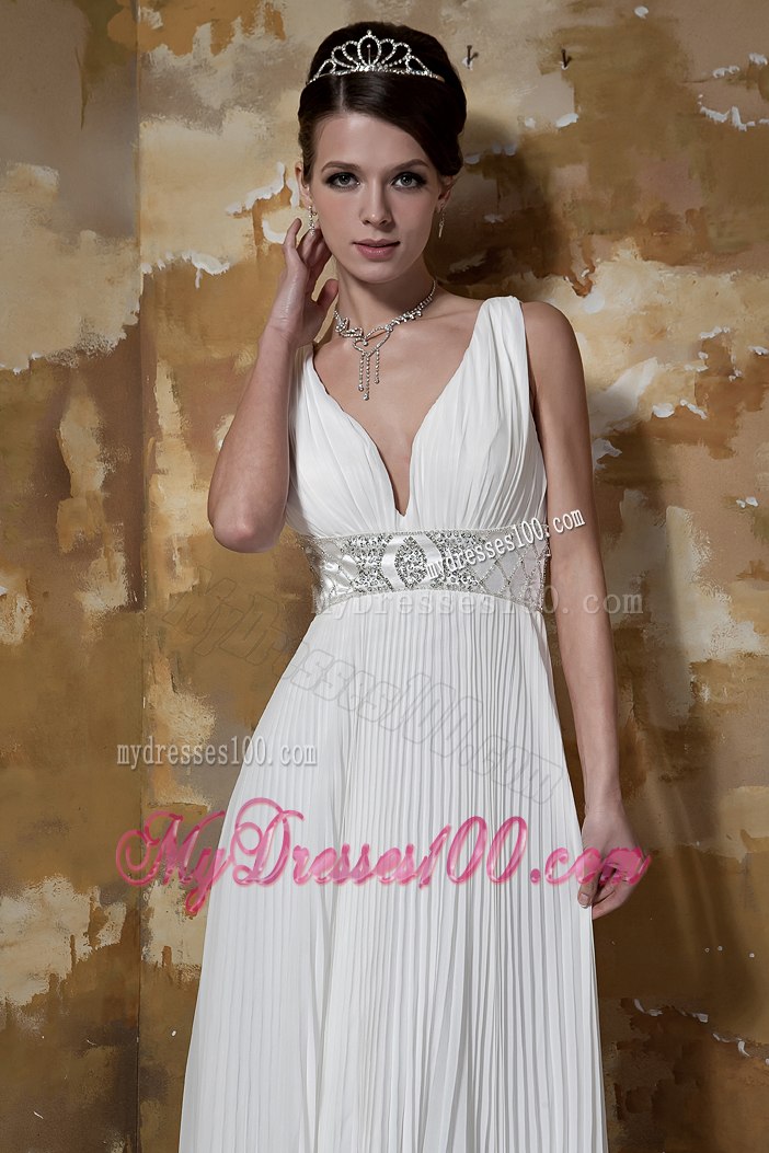 Beautiful Column V-neck Brush Train Pleat Beading Wedding Dresses