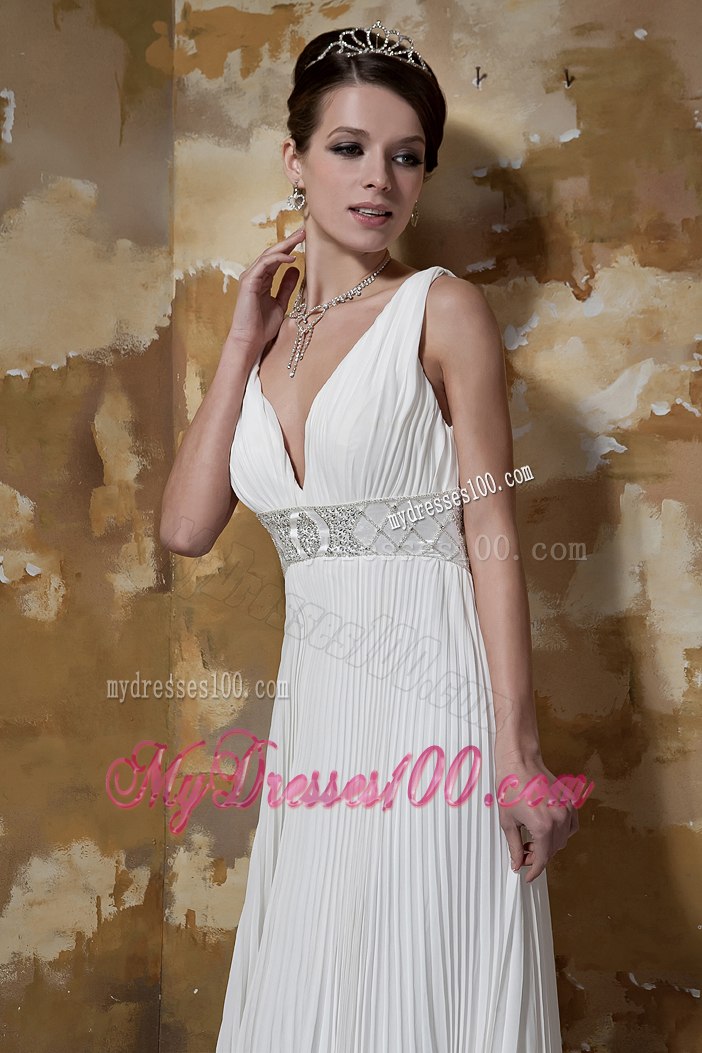 Beautiful Column V-neck Brush Train Pleat Beading Wedding Dresses