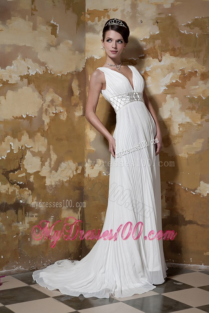 Beautiful Column V-neck Brush Train Pleat Beading Wedding Dresses