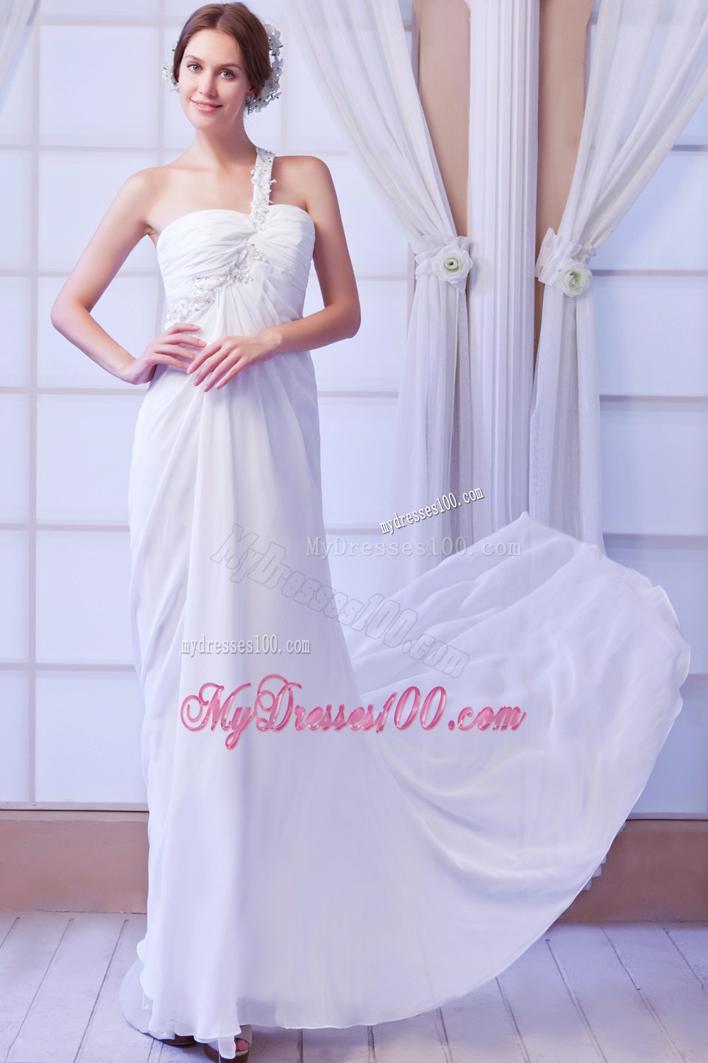Beautiful Empire One Shoulder Court Train Beading 2013 Wedding Dress