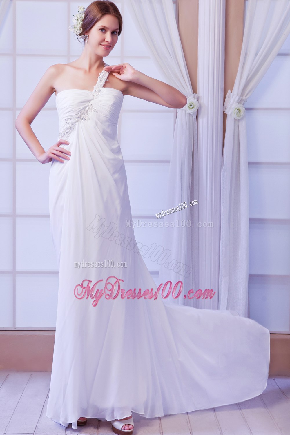 Beautiful Empire One Shoulder Court Train Beading 2013 Wedding Dress