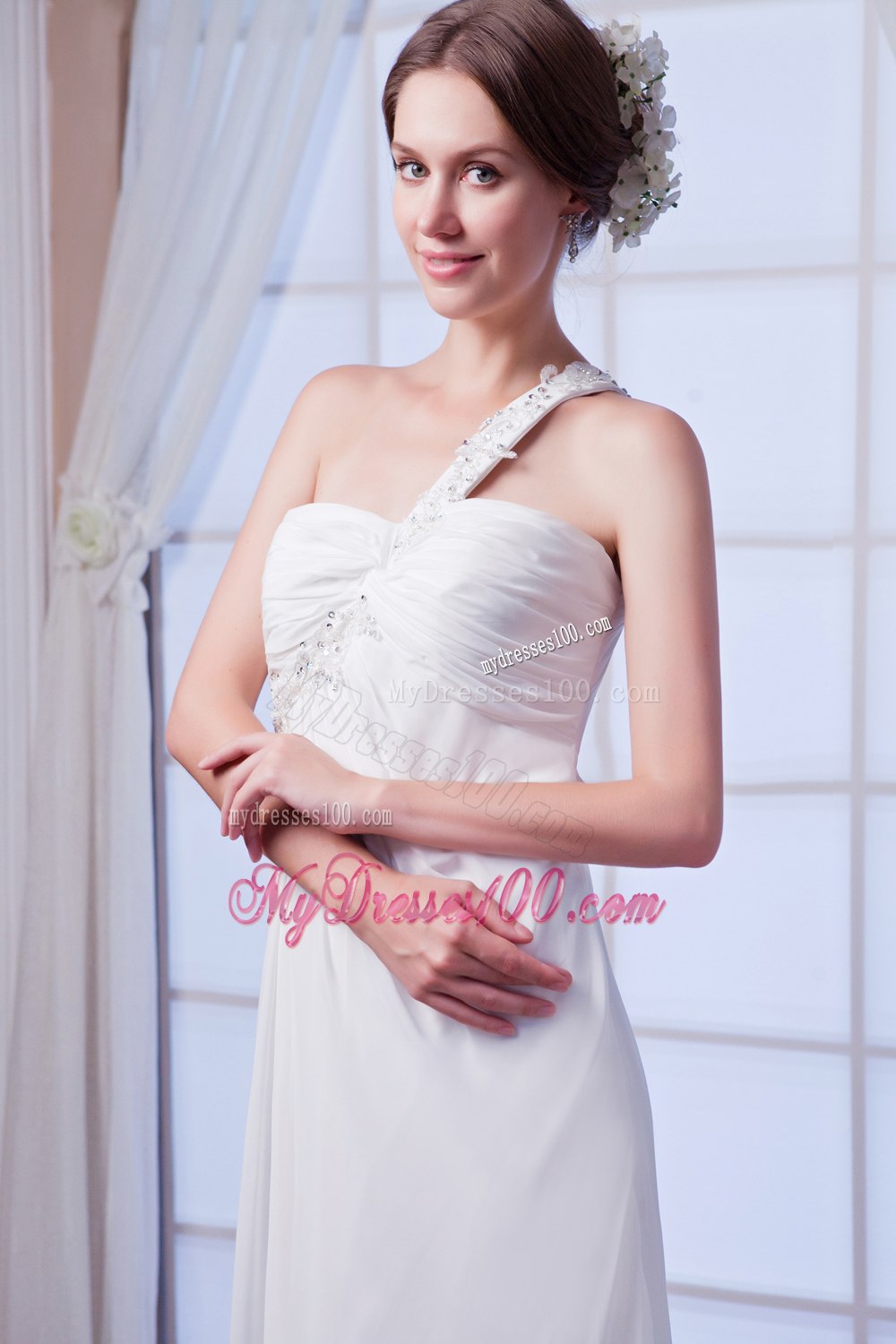 Beautiful Empire One Shoulder Court Train Beading 2013 Wedding Dress
