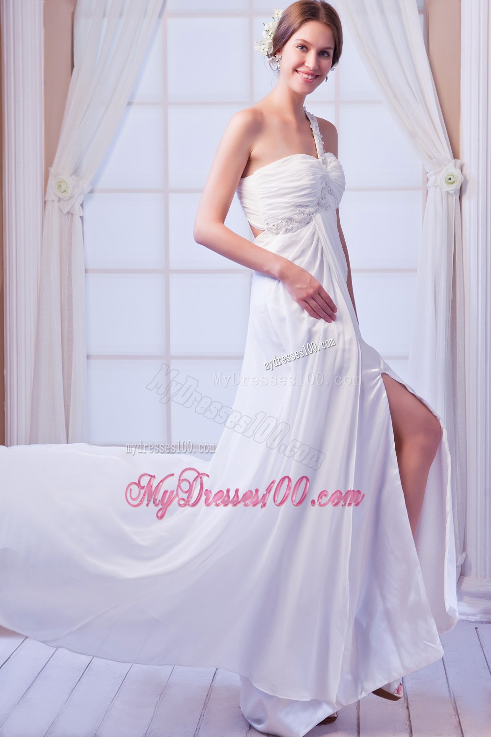 Beautiful Empire One Shoulder Court Train Beading 2013 Wedding Dress