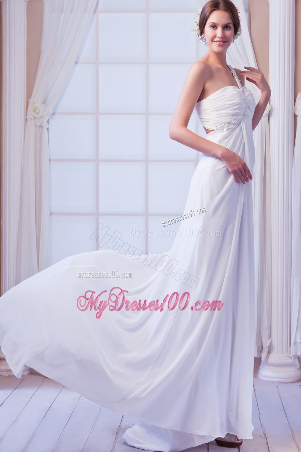 Beautiful Empire One Shoulder Court Train Beading 2013 Wedding Dress
