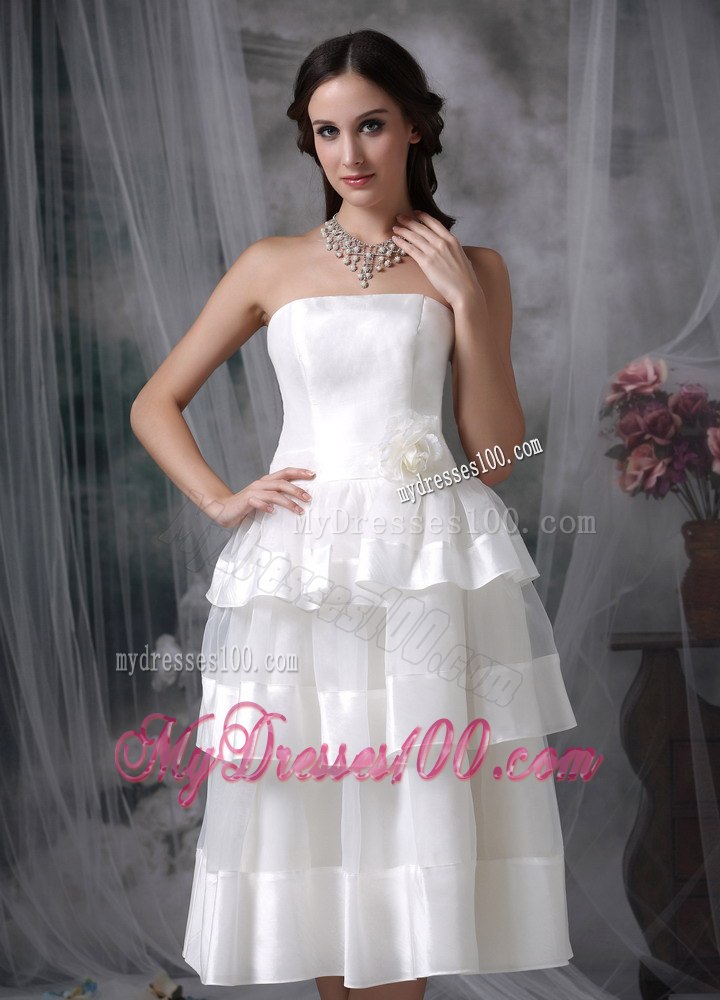 Beautiful Empire Strapless Tea-length Hand Made Flower Wedding Dress