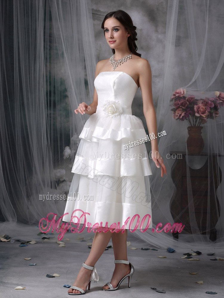 Beautiful Empire Strapless Tea-length Hand Made Flower Wedding Dress