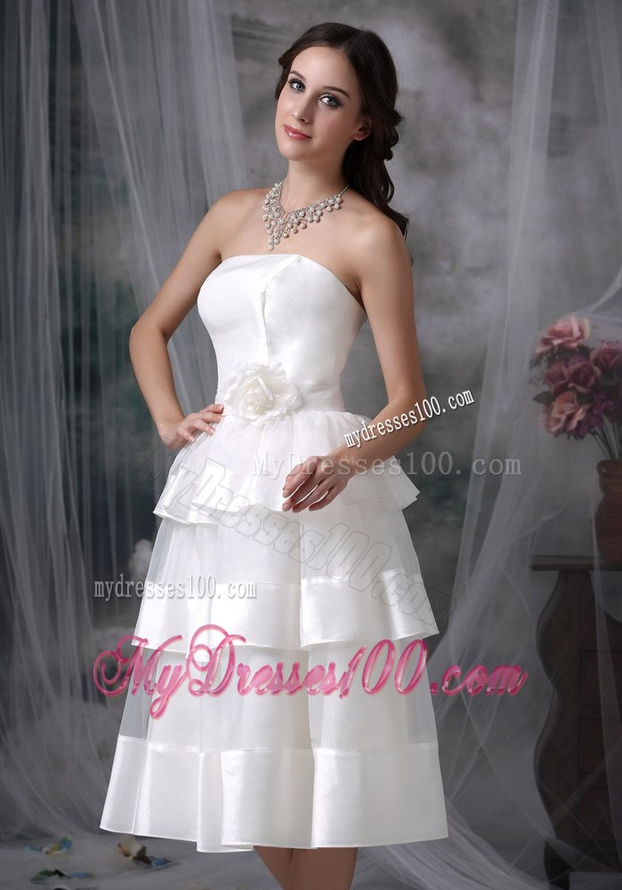 Beautiful Empire Strapless Tea-length Hand Made Flower Wedding Dress