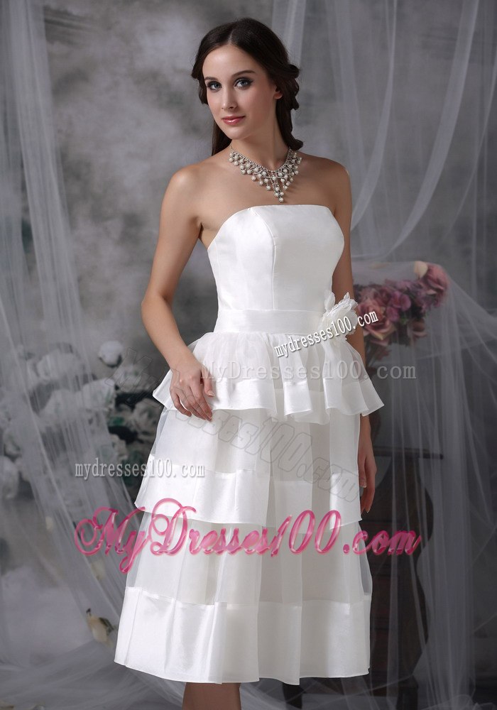 Beautiful Empire Strapless Tea-length Hand Made Flower Wedding Dress