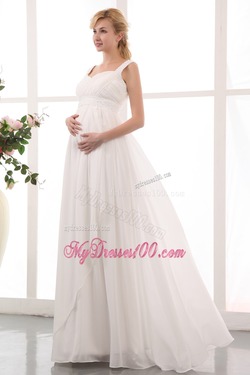 Beautiful Empire Straps Brush Train Beading Wedding Dress for Maternity