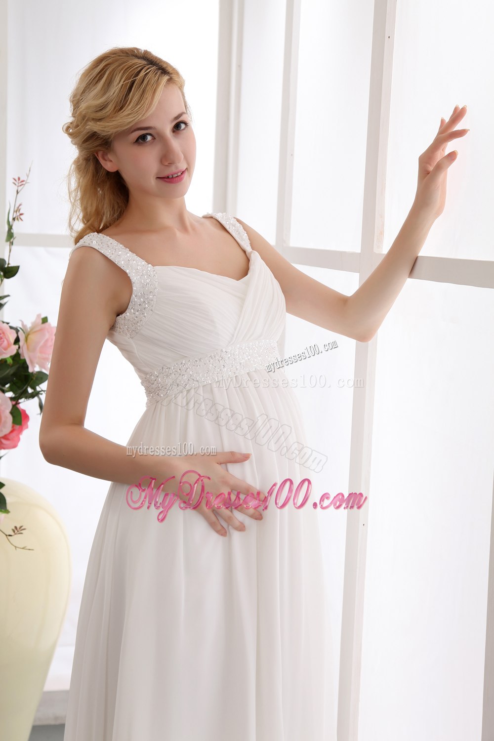 Beautiful Empire Straps Brush Train Beading Wedding Dress for Maternity