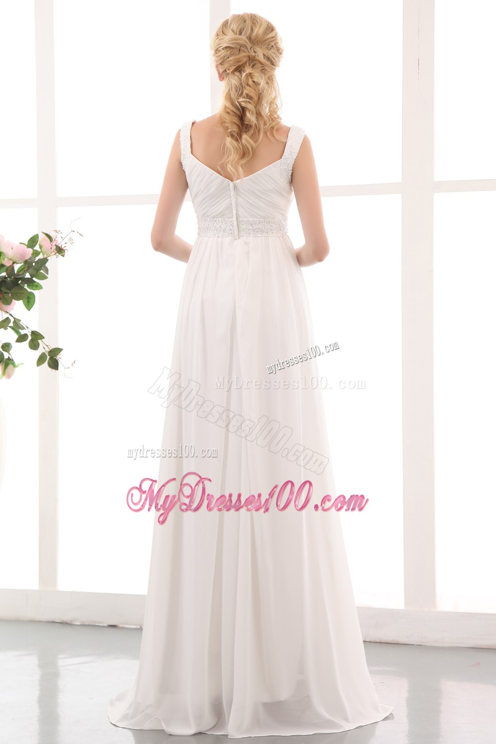 Beautiful Empire Straps Brush Train Beading Wedding Dress for Maternity