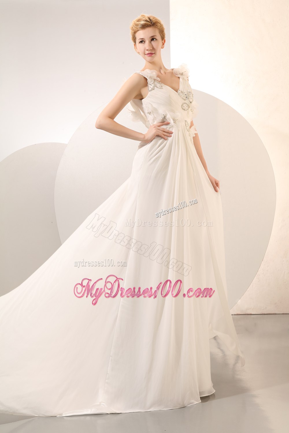 Beautiful Empire V-neck Court Train Beading 2013 Wedding Dresses
