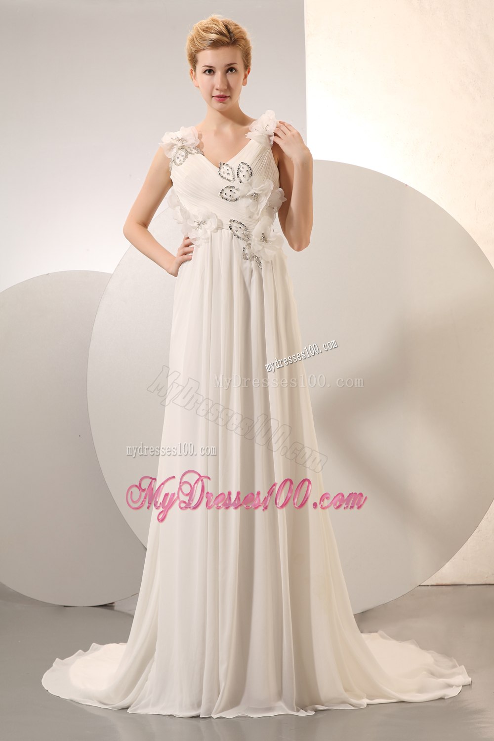 Beautiful Empire V-neck Court Train Beading 2013 Wedding Dresses