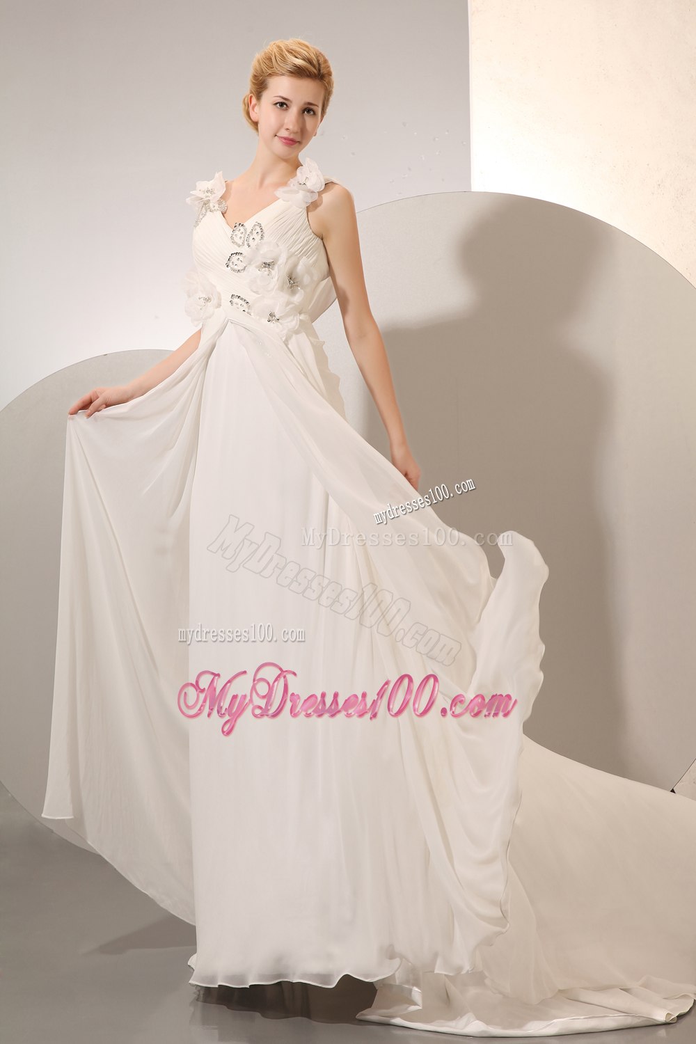 Beautiful Empire V-neck Court Train Beading 2013 Wedding Dresses