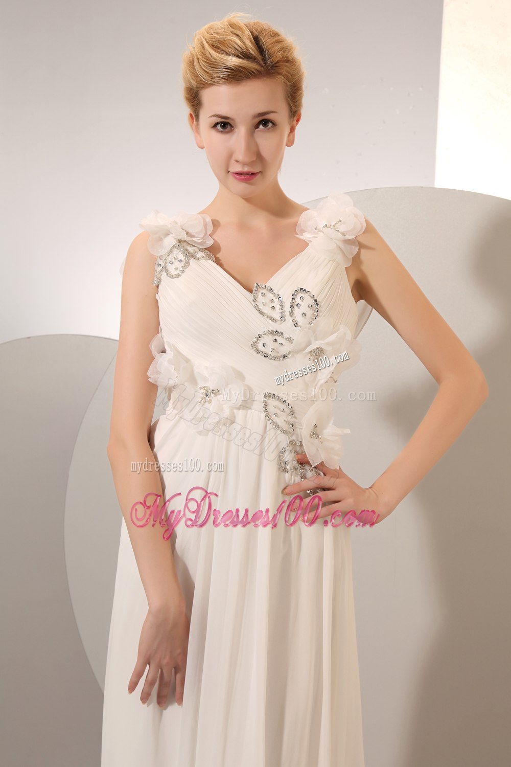 Beautiful Empire V-neck Court Train Beading 2013 Wedding Dresses