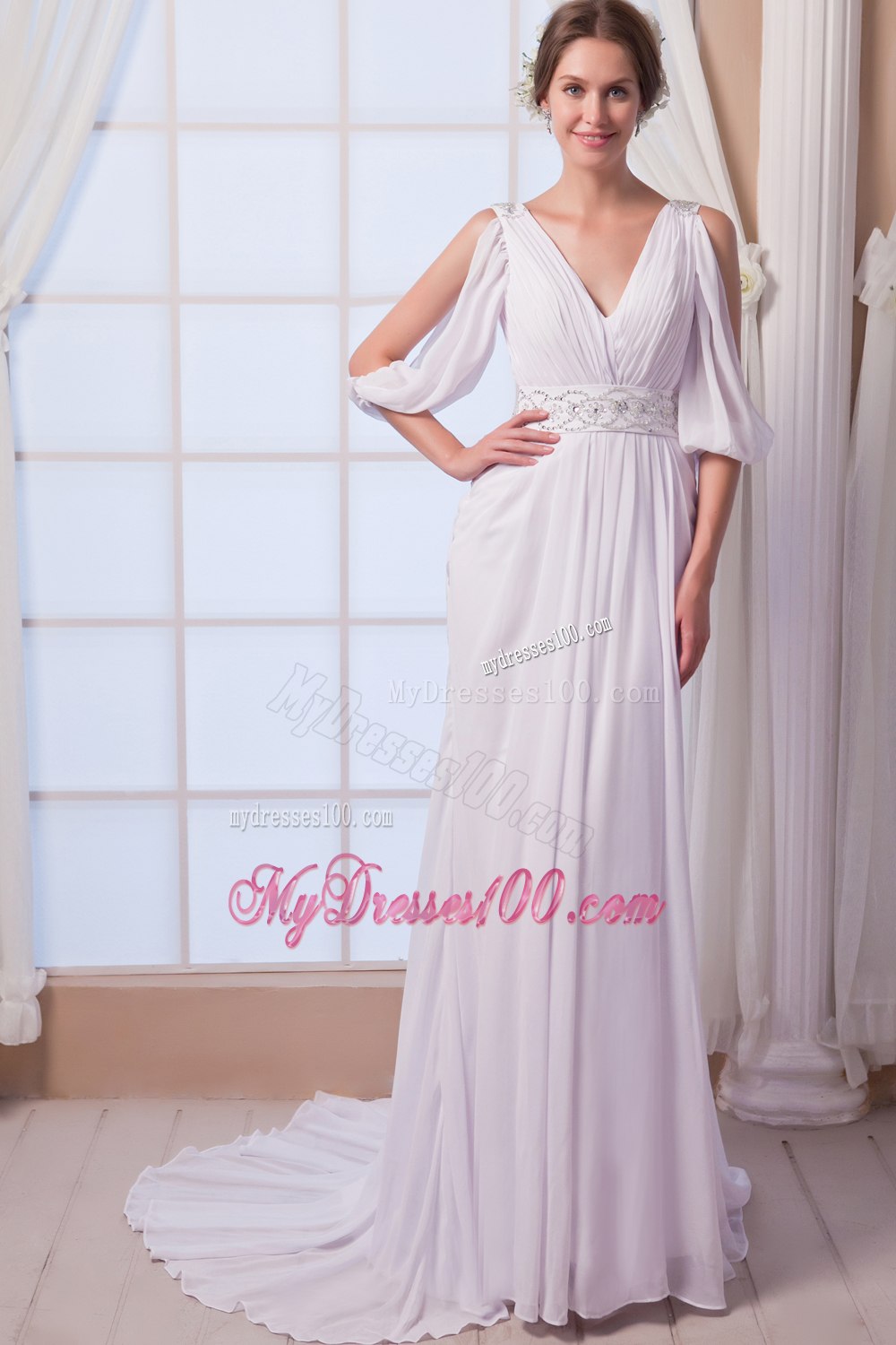Elegant Empire V-neck Court Train Beading 2013 Summer Wedding Dress
