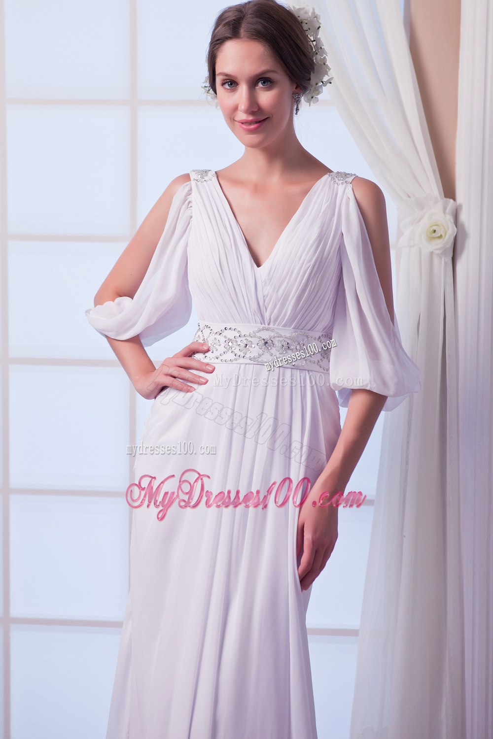 Elegant Empire V-neck Court Train Beading 2013 Summer Wedding Dress