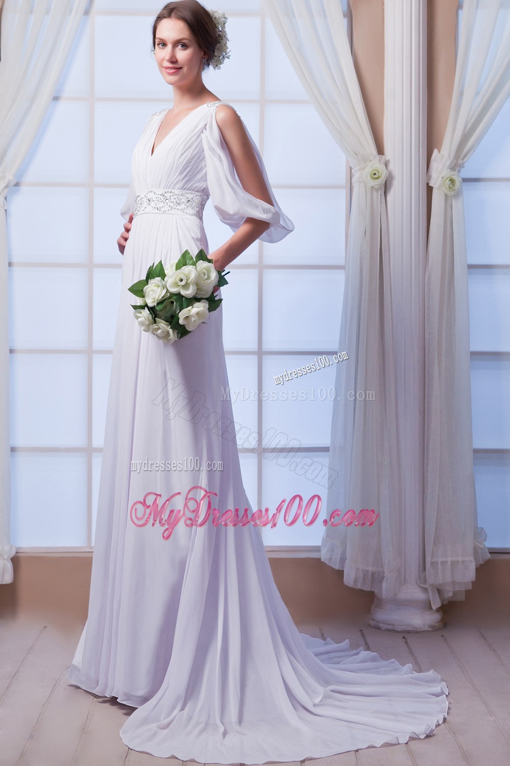 Elegant Empire V-neck Court Train Beading 2013 Summer Wedding Dress
