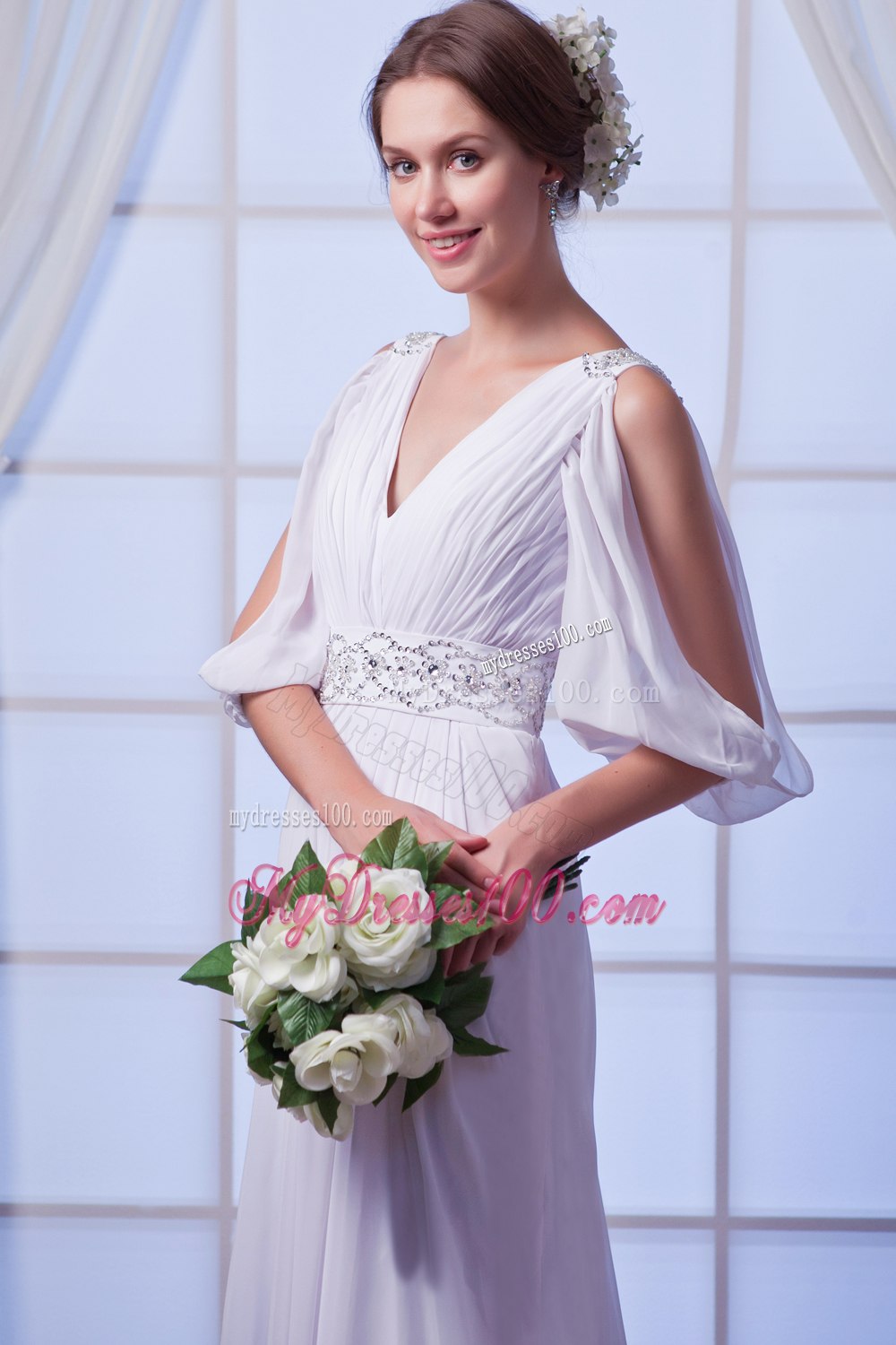Elegant Empire V-neck Court Train Beading 2013 Summer Wedding Dress