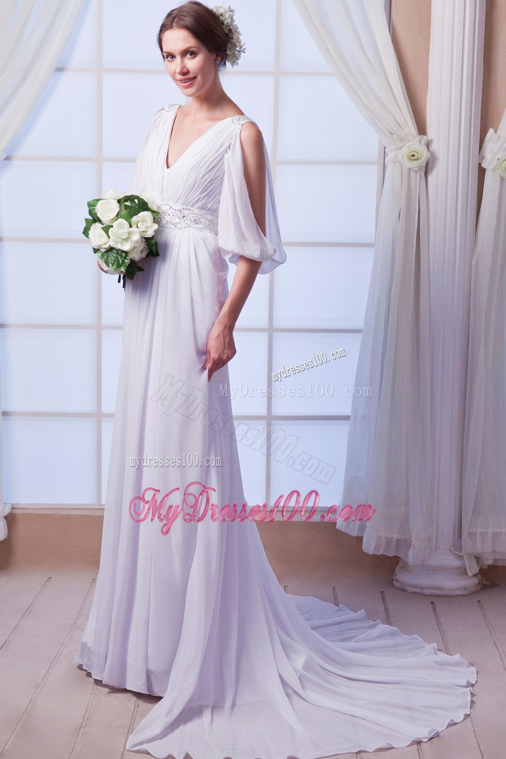 Elegant Empire V-neck Court Train Beading 2013 Summer Wedding Dress