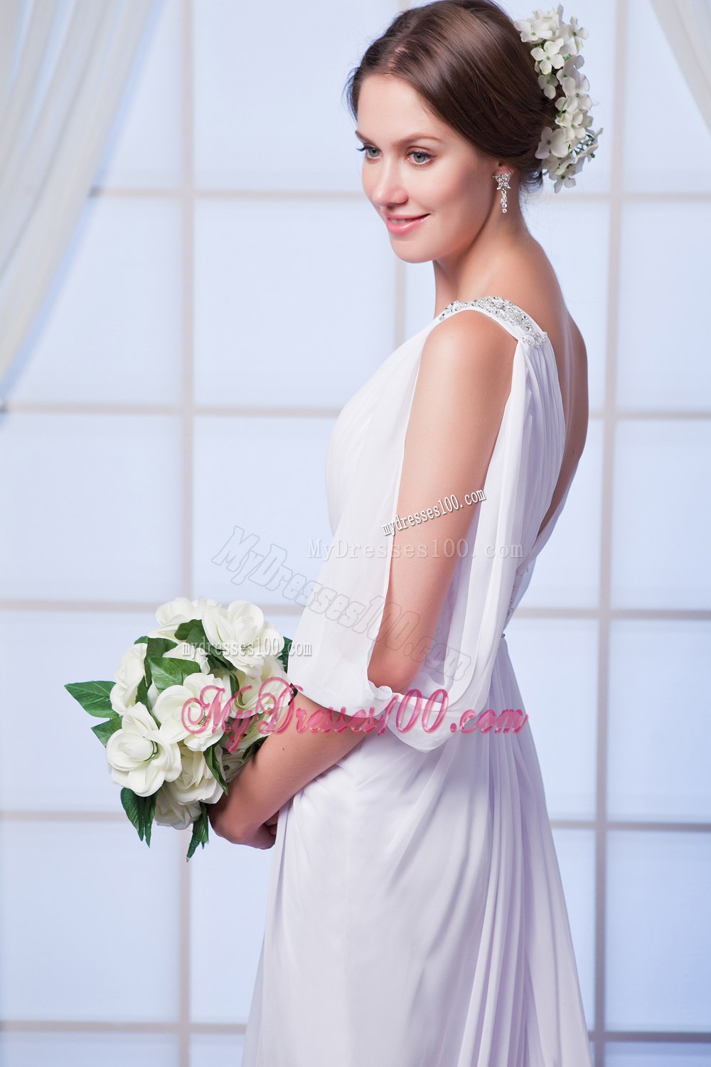 Elegant Empire V-neck Court Train Beading 2013 Summer Wedding Dress