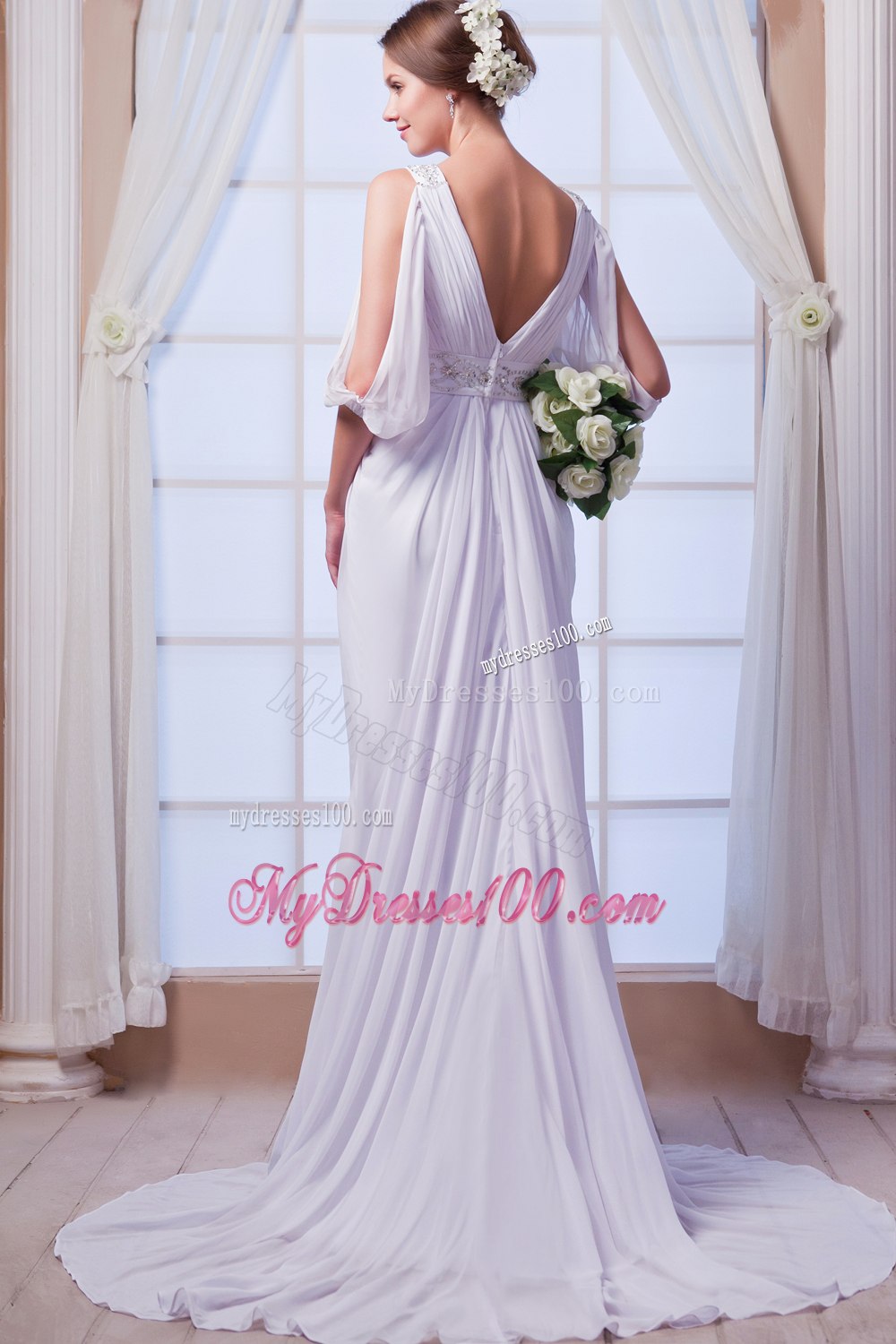 Elegant Empire V-neck Court Train Beading 2013 Summer Wedding Dress