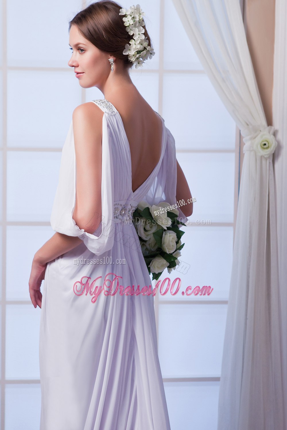 Elegant Empire V-neck Court Train Beading 2013 Summer Wedding Dress