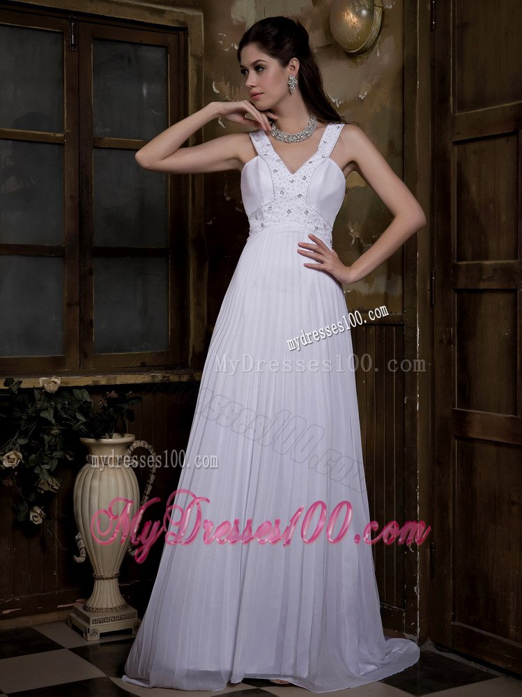 Beautiful Empire V-neck Watteau Train Pleat Beach Wedding Dresses