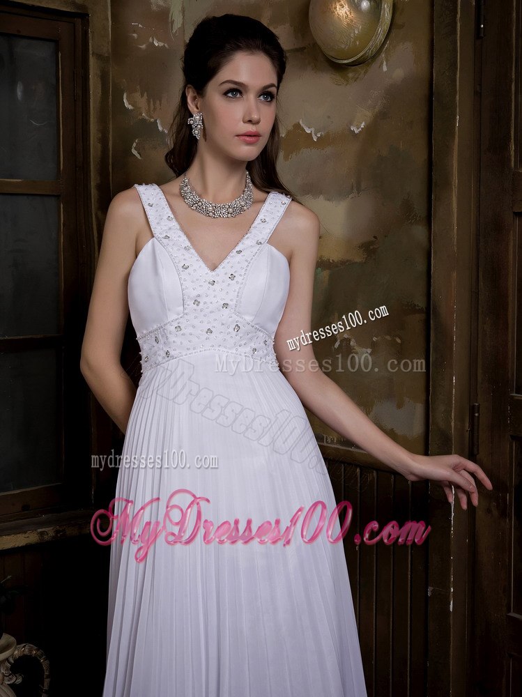 Beautiful Empire V-neck Watteau Train Pleat Beach Wedding Dresses