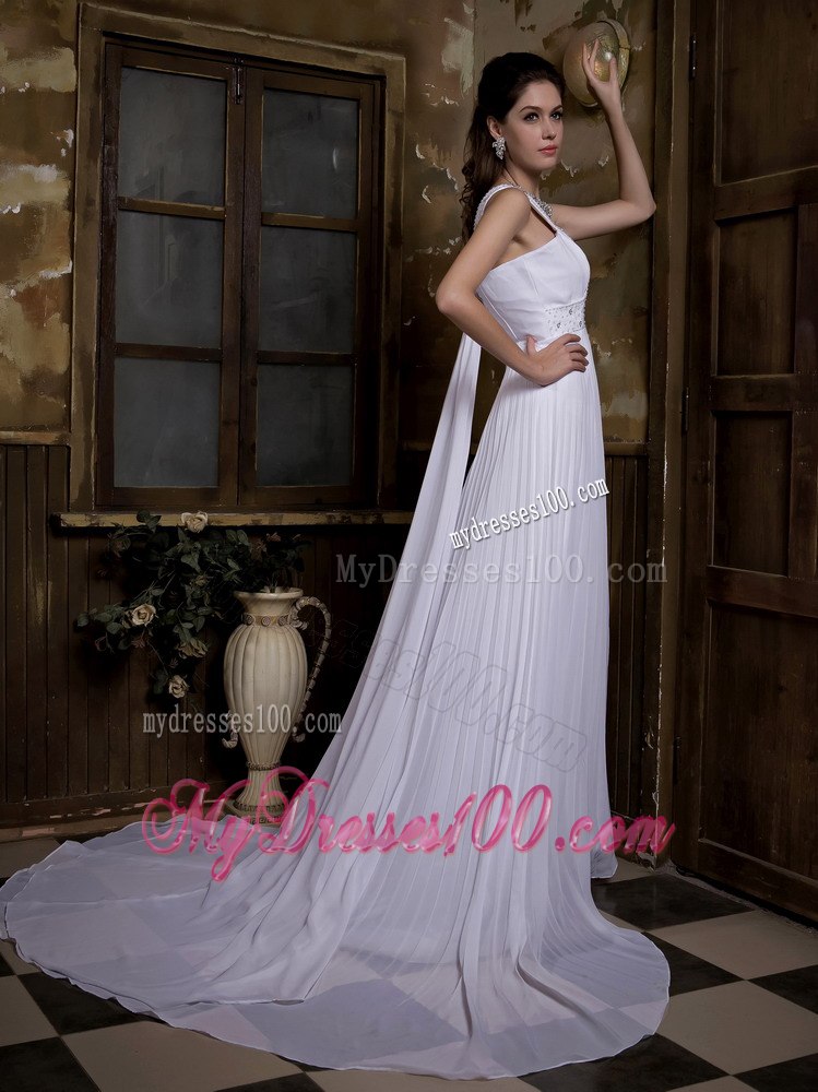 Beautiful Empire V-neck Watteau Train Pleat Beach Wedding Dresses