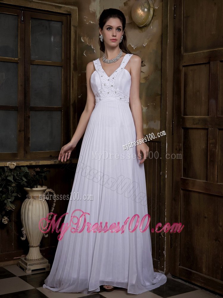 Beautiful Empire V-neck Watteau Train Pleat Beach Wedding Dresses